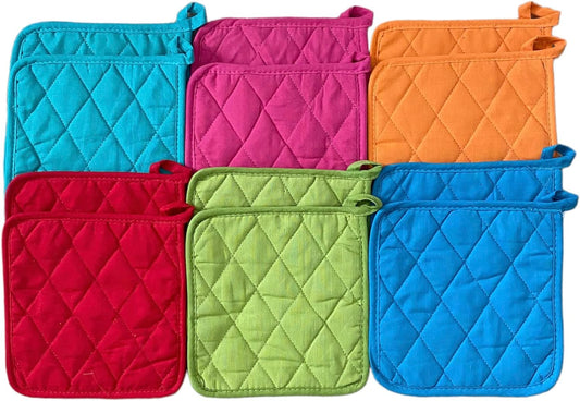 Soft Textiles 12 Piece Machine Washable 8 x 8 Multiple Color Pot Holder Set Made of 100% Cotton