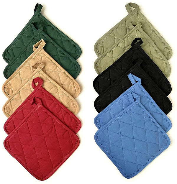 Soft Textiles 12 Pack 100% Cotton Pot Holder Set Machine Washable 8 x 8 Assorted Color